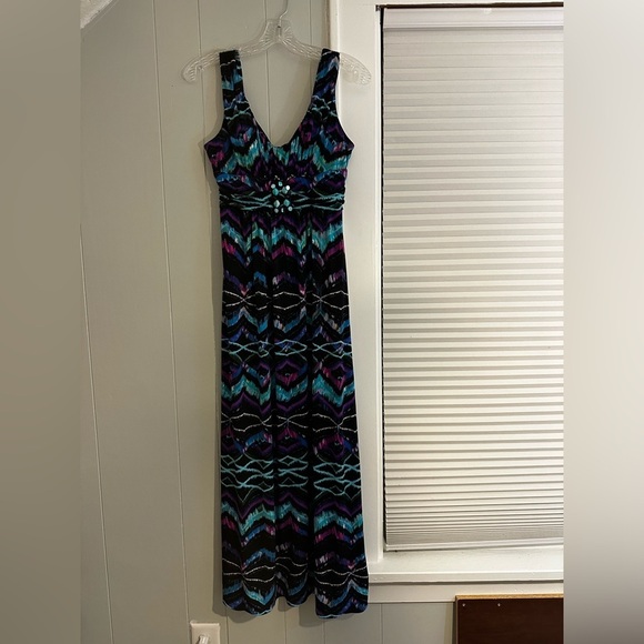Bisou Bisou Maxi Dress 6P Petite V-Neck Jeweled Empire Waist Geometric Print - Picture 3 of 5